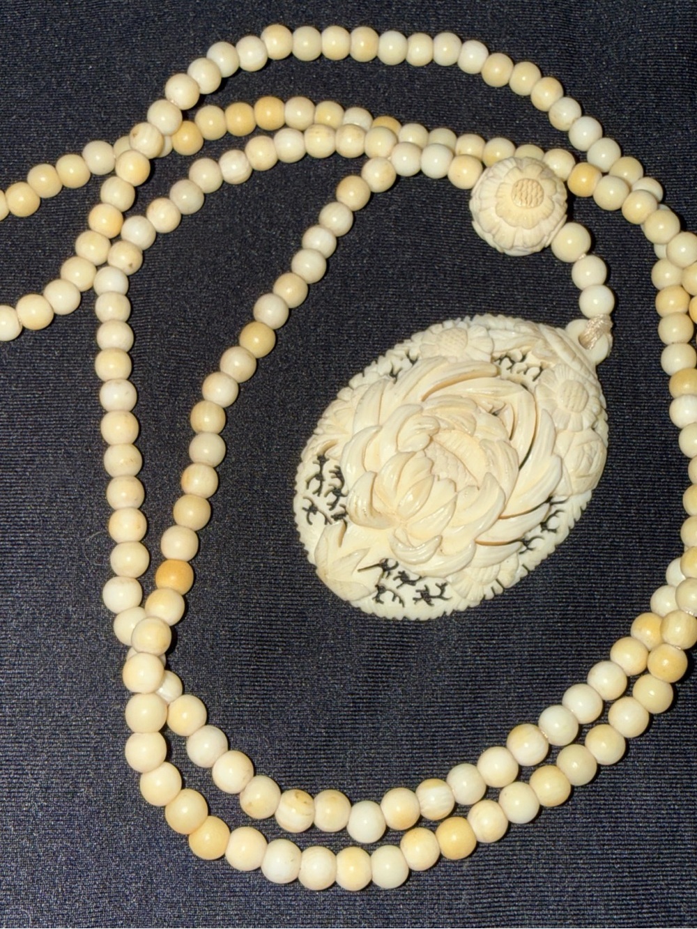 Carved Floral Cream Bead Necklace Pendant - Women's Jewelry